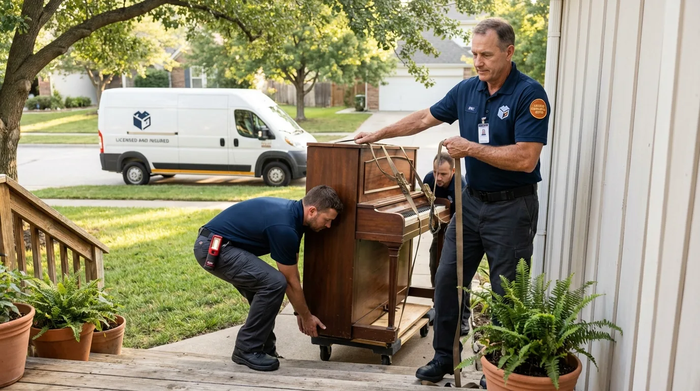 Licensed piano movers securing grand piano in Bend, OR