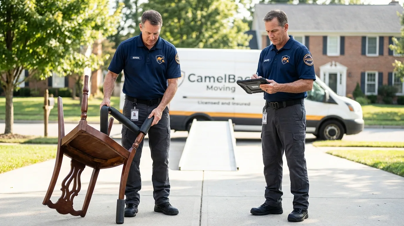 Movers inspecting furniture for damage prevention before loading in Bend, OR