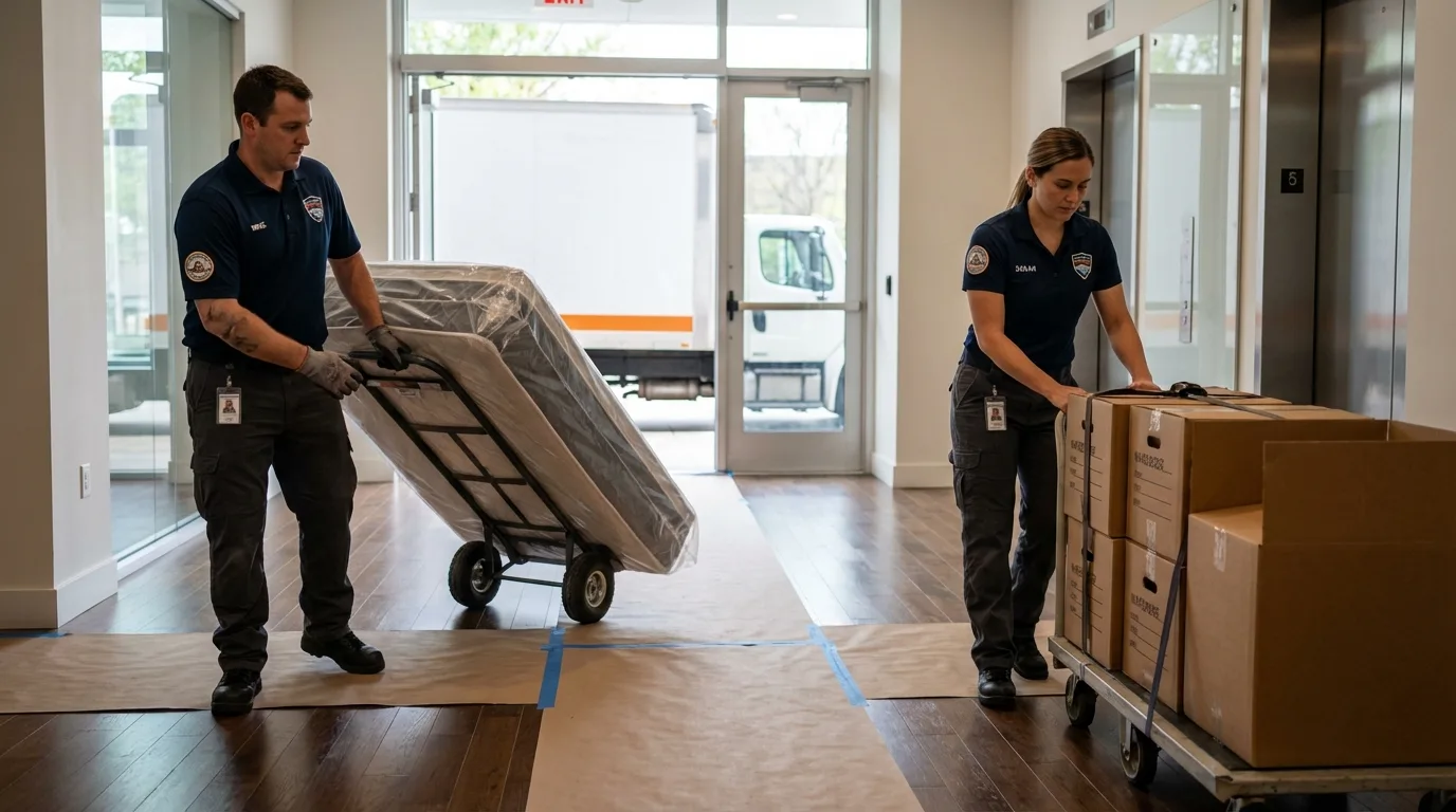 Professional apartment movers loading elevator in Bend, OR